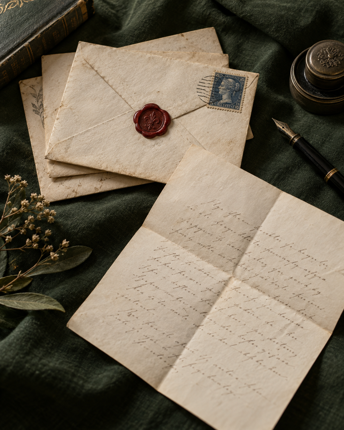Illustration of handwritten letters, envelopes and a red wax seal on green cloth